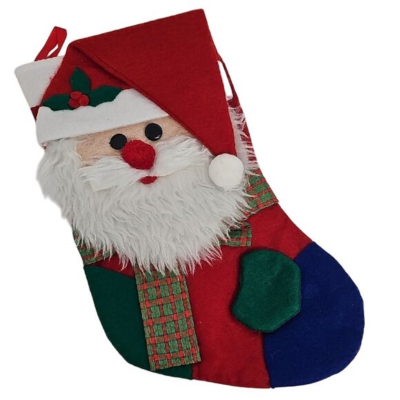 Santa Claus Felt Fluffy Christmas Holiday Stocking 14" x 9" w/7.5" Opening Merry - Picture 1 of 3